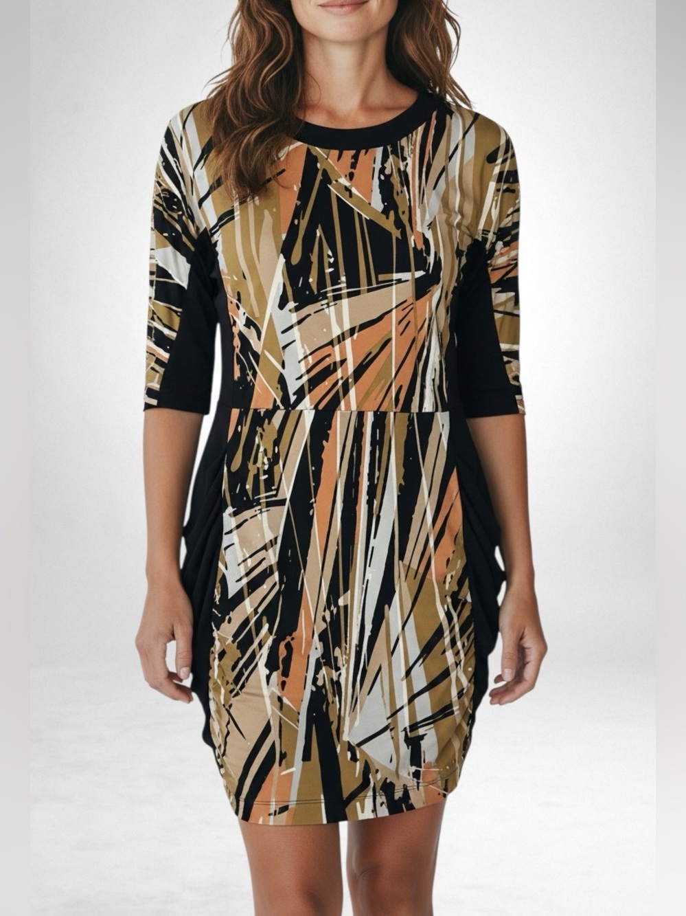 BCBGMaxazria Abstract Print Sheath Dress Ruffle Sides Panels Women’s Size S Y2K
